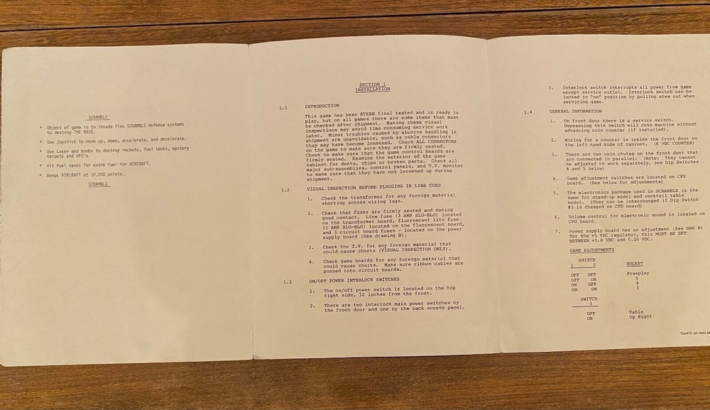 Scramble Video Arcade Game Manual, Stern 1981