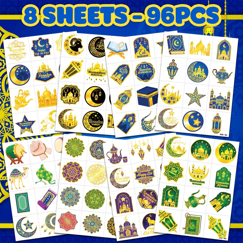 120 PCS Happy Ramadan Mubarak Eid Al Fitr Pre-Cut Temporary Tattoos Multiple