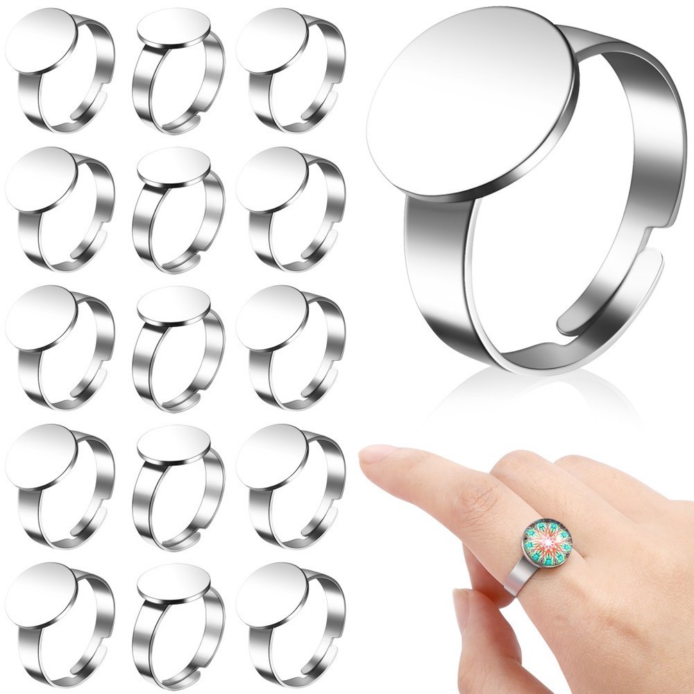 20 Pcs Stainless Steel Ring Tray Adjustable Blank Rings Base Setting Size