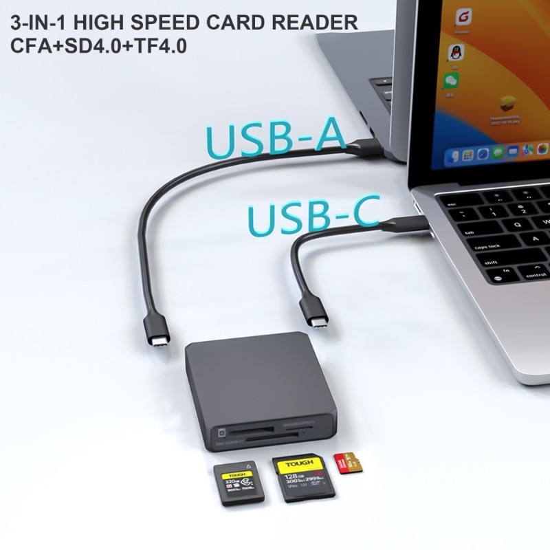 Card Reader USB 3.2 Memory Card Reader 3 Cards Simultaneously CFA SD4.0 TF4.0