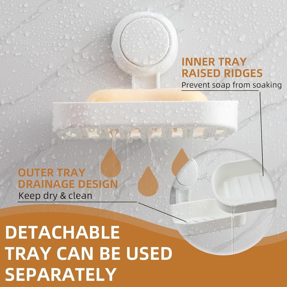 Soap Dish Holder Shower Suction Cup Wall Mounted Self Draining NO-Drilling