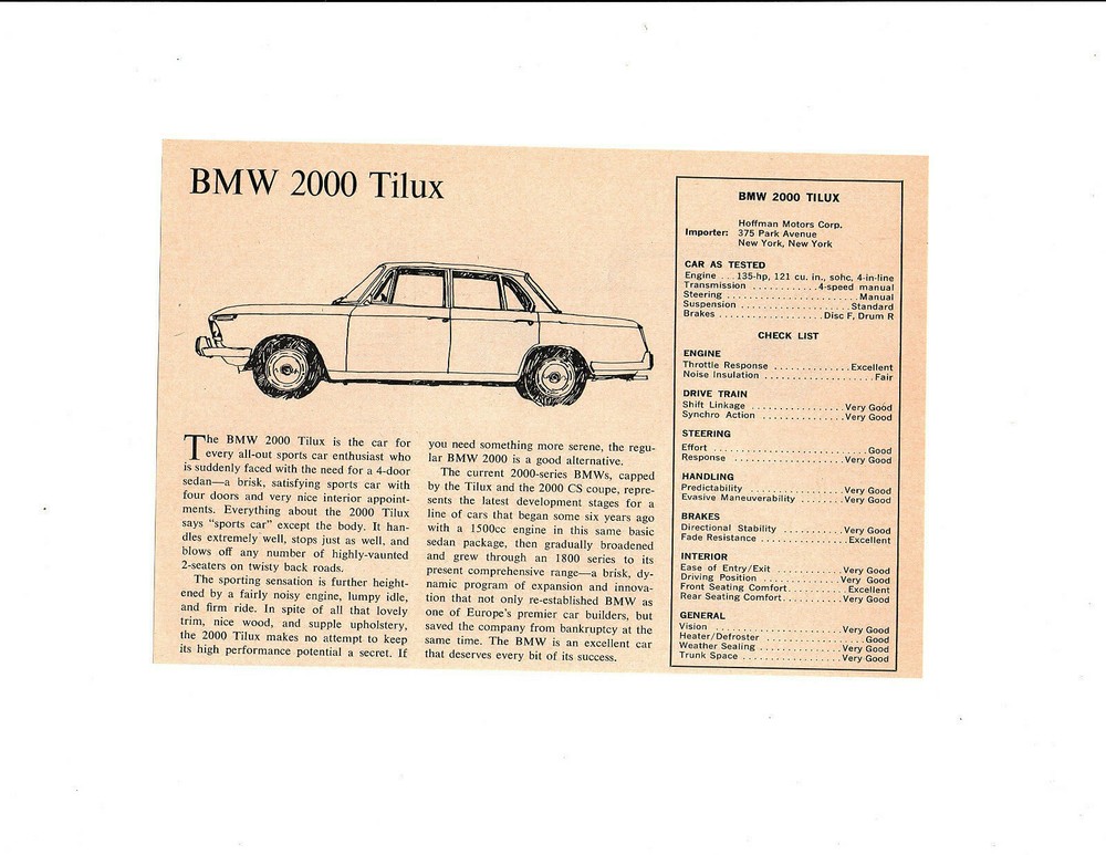 1968 BMW 2000 TILUX ~ ORIGINAL SMALLER ROAD TEST / ARTICLE / AD