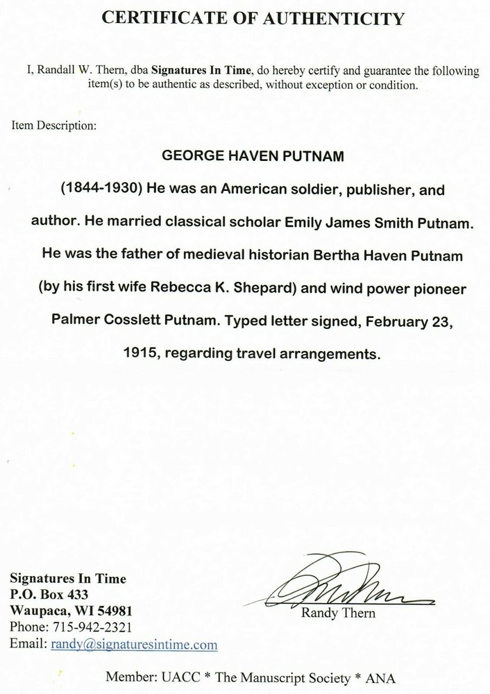 RARE! “Talk Show Host" George Putnam Hand Signed TLS Dated 1915 COA