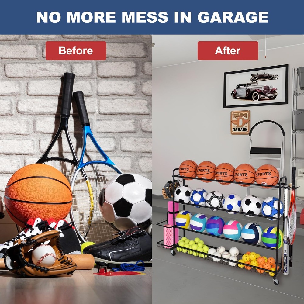 Basketball Rack, Shooting Training Rolling Ball Stand, Garage Organizer with ...