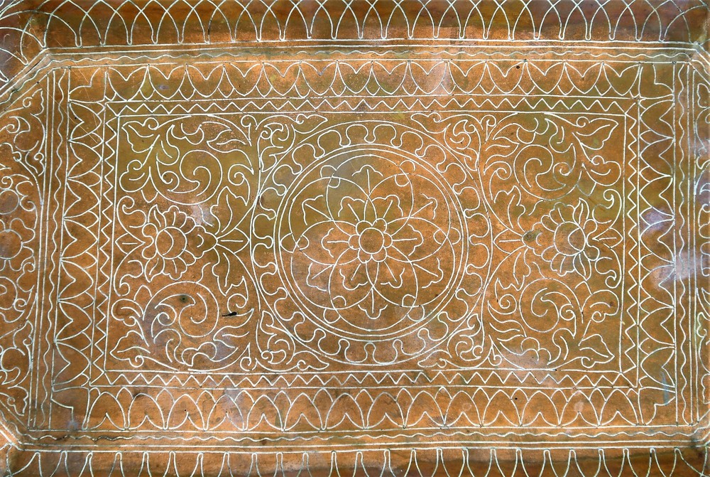 Cairo Ware Silver Inlay copper Octagonal Serving Tray with Two Handles