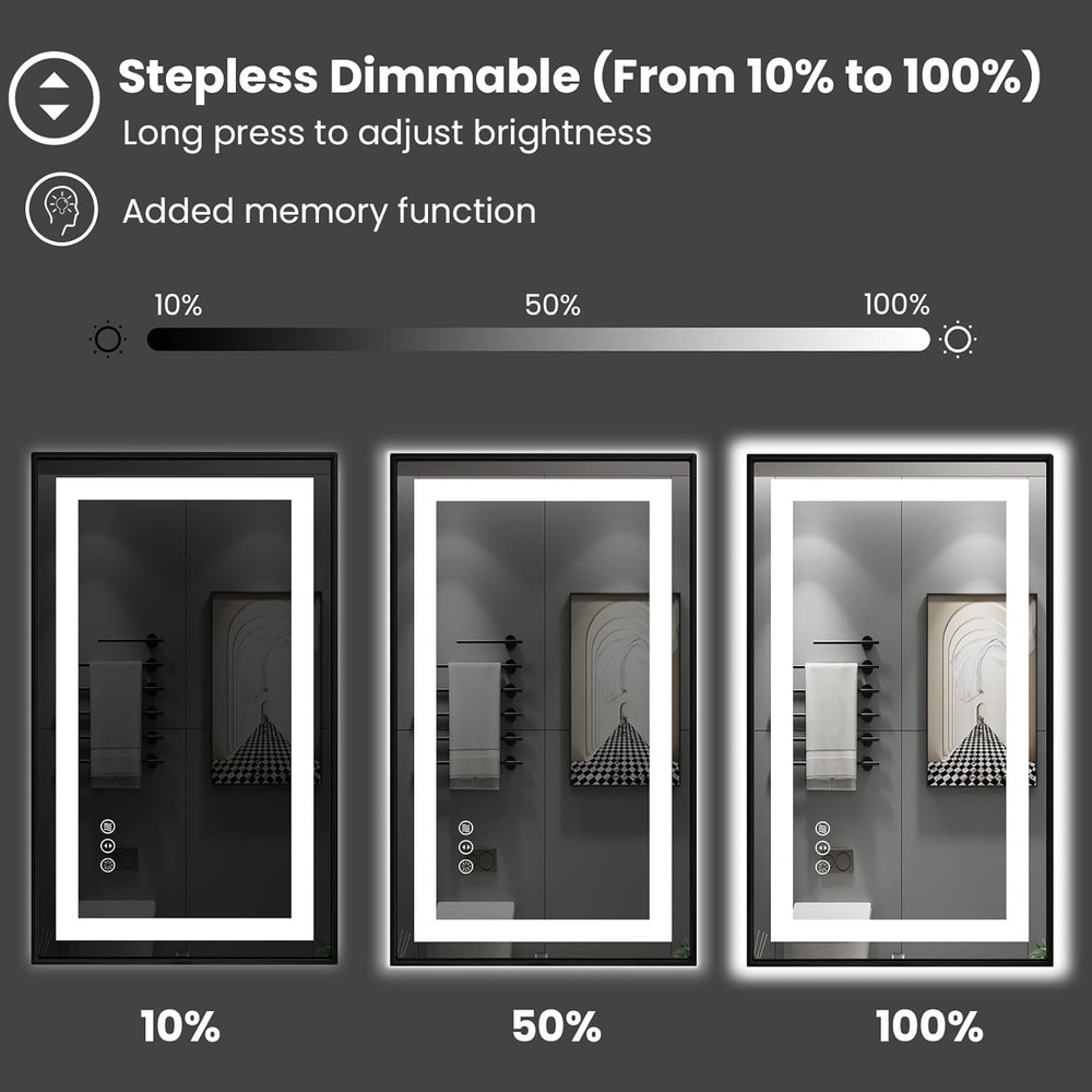 24"x 32" LED Bathroom Mirror with Black Frame, Front Light and Backlit, Stepl...