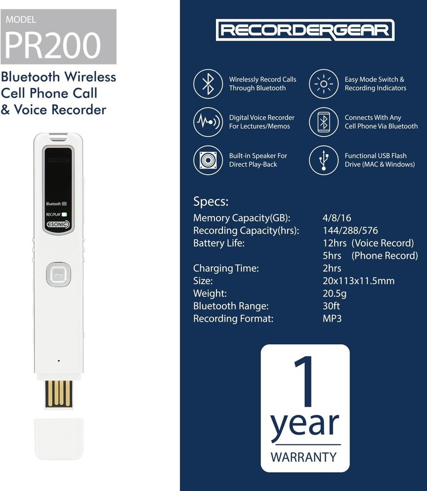 PR200 Bluetooth Cell Phone Call Recording Device, iPhone Android Mobile Recorder