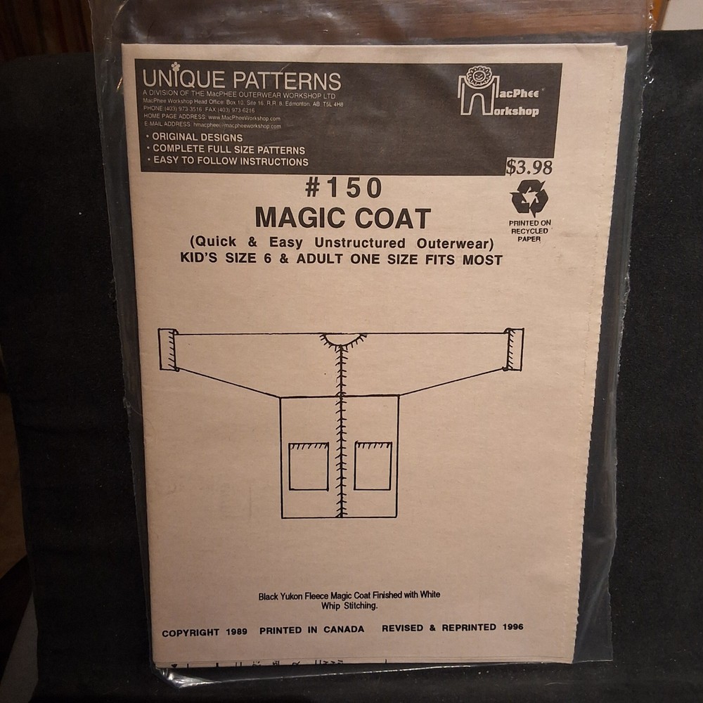 Magic Coat #150 Unique Patterns Kids 6 & Adult One Size Pattern Outerwear