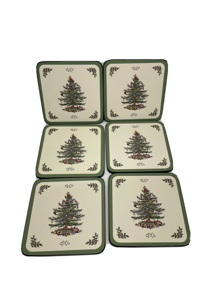 6 Pimpernel Spode "Christmas tree" coasters 4 1/8" new in opened box Unmarked