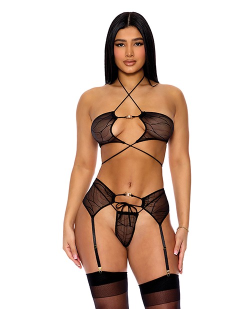 Bra Set Lingerie Black Mesh Sheer Pull Strings Mesh Halterneck Bra wGarter