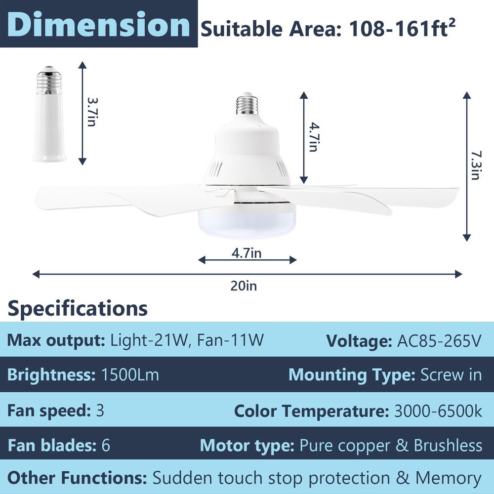 Socket Fan Light with Remote Control,20" Screw in Ceiling Fans with Lights