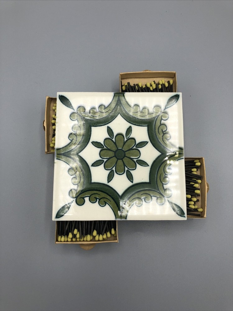 Ceramic Tile Quad Matchbox Holder & Coaster Art Hand Pattern Original Vintage