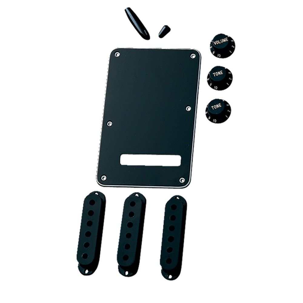 Fender Stratocaster Accessory Kit in Black, Pickup Covers, Back Plate, Knobs