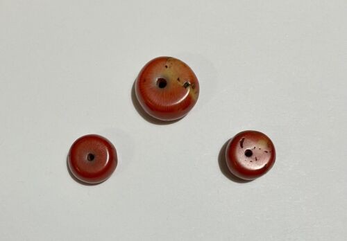 Three Antique Natural Red Coral Round Beads In Assorted Sizes