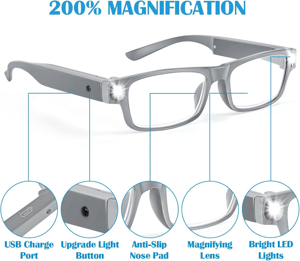 200% Magnifying Glasses with Light,Usb Rechargeable LED Lighted Magnifying Eyewe