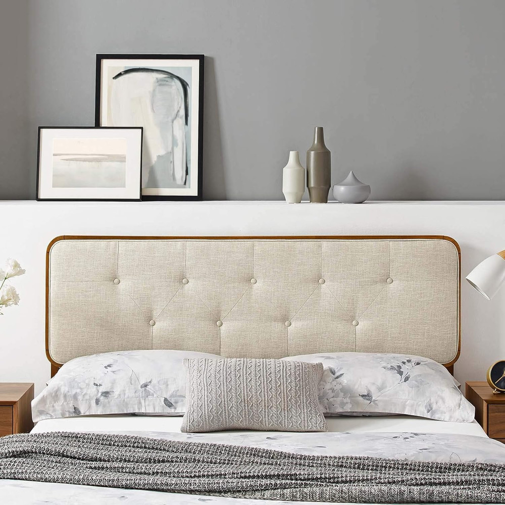 Collins Walnut Beige Fabric Tufted Full Headboard for Elegant Bedrooms
