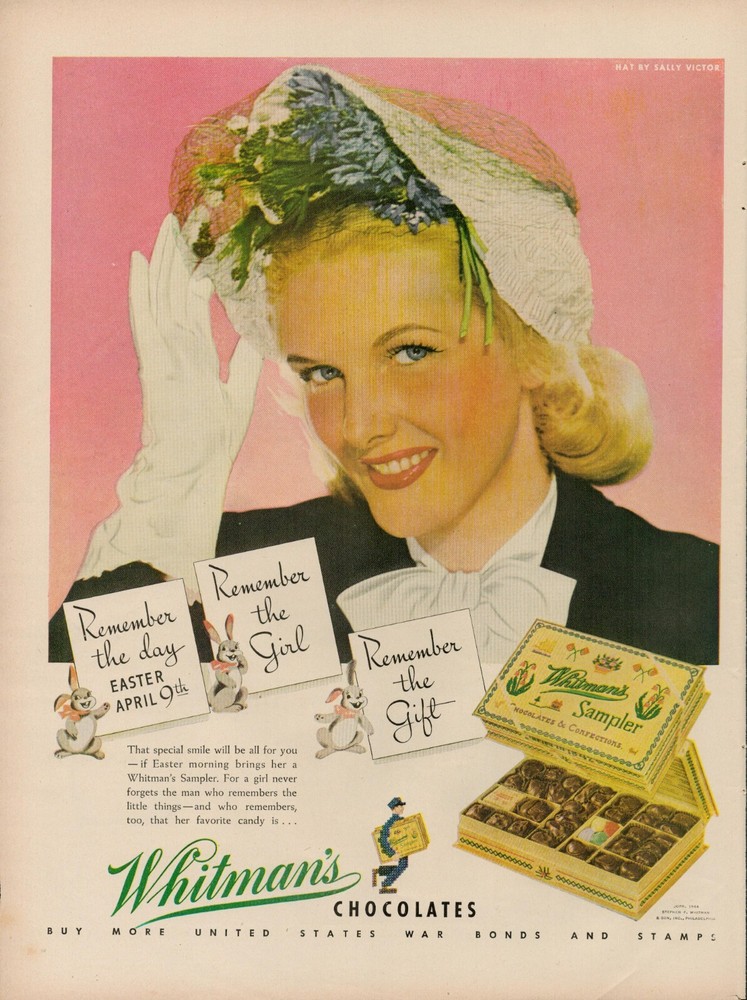1944 Candy Chocolate Whitmans Sampler 40s Vintage Print Ad Easter Bonnet Gift