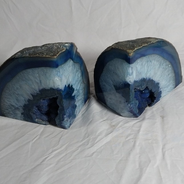 Large Blue White Gray Agate Geode Semi-Circle Natural Crystal Finish
