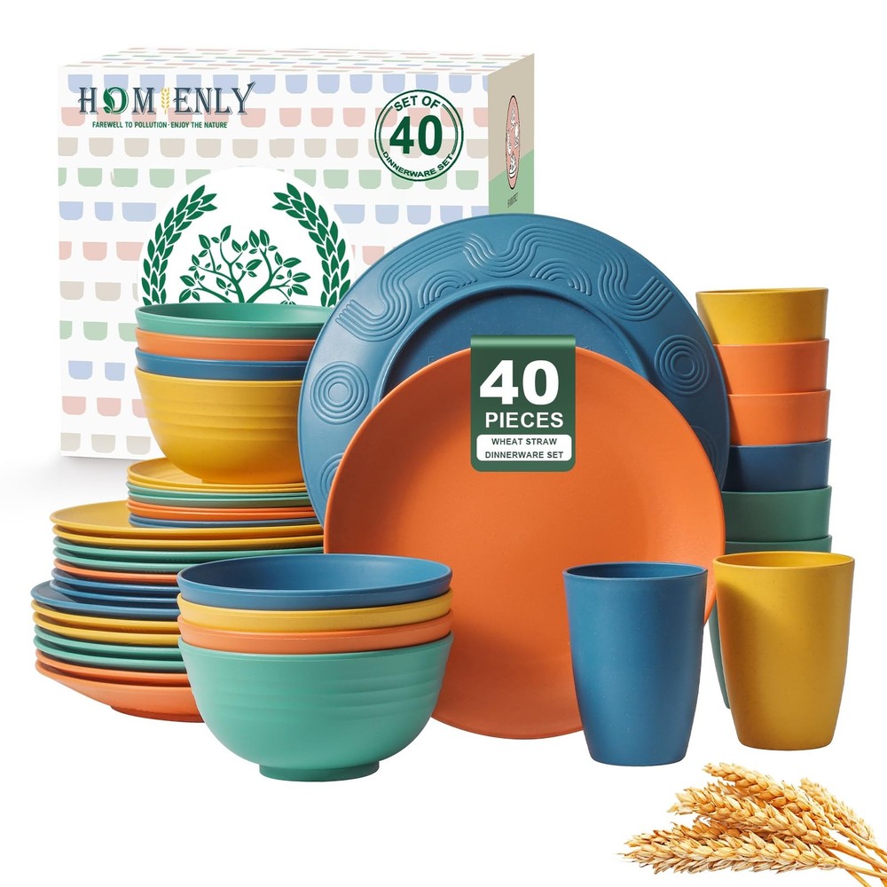 40-Piece Premium Wheat Straw Dinnerware Sets, for 8, Unbreakable Plates and B...