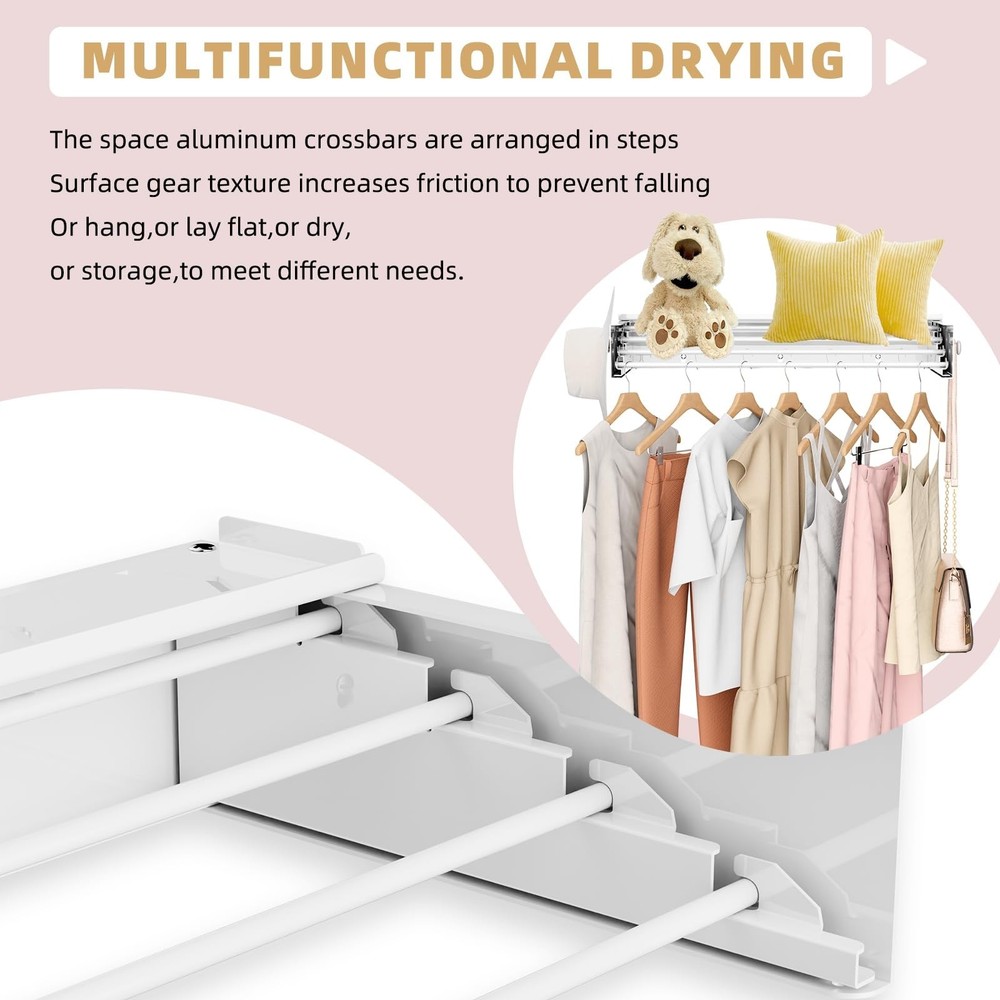 BAKON Wall Mounted Drying Rack with 4 Hooks and Shelf, Foldable Clothes Dryin...
