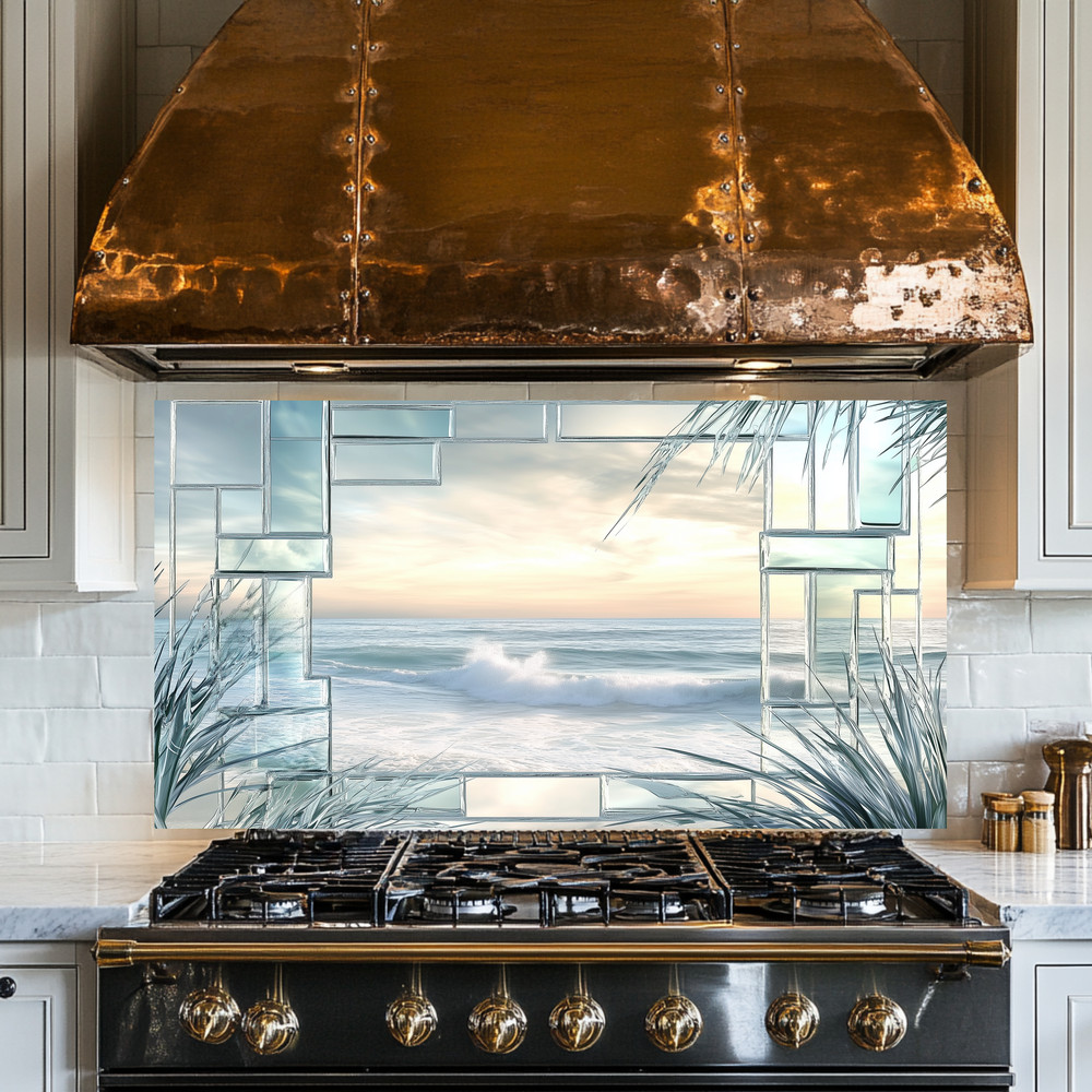 Ocean Landscape Scene Printed Tempered Glass Kitchen Backsplash Splashback Decor