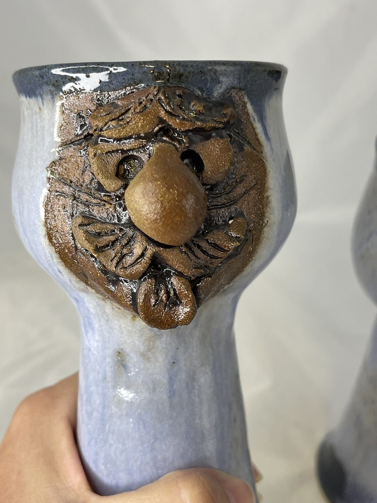 Studio Pottery Ugly Funny Face Wine Goblets