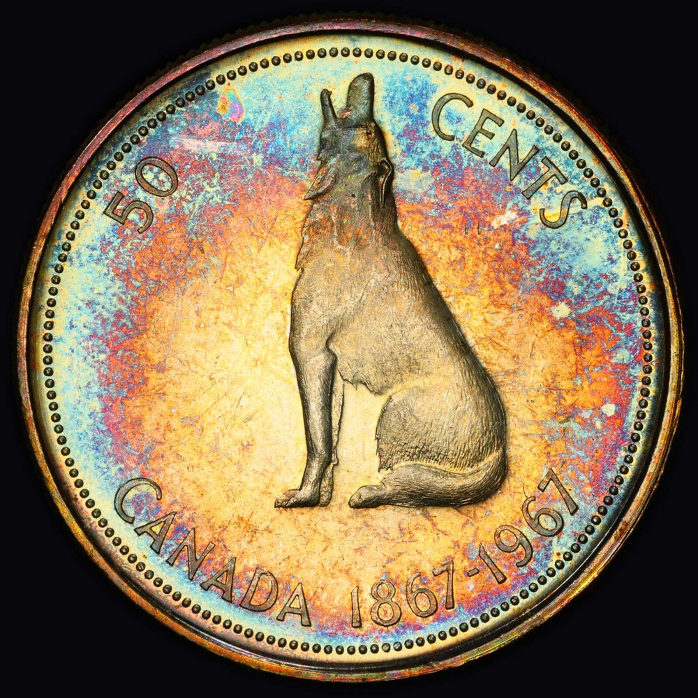 PCGS MS63 1967 Canada Silver Wolf 50 Cents, Trueview- Rainbow Toned!