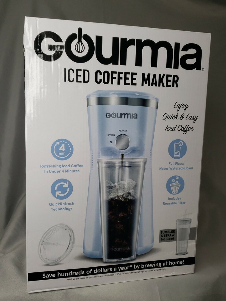 Gourmia BLUE Iced Coffee Maker with Brew-Strength Control Reusable Filter