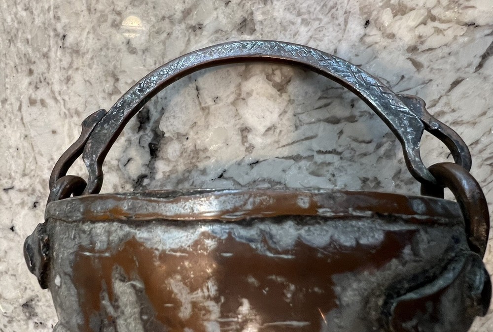 Vintage Copper (& Iron?) Pot Cauldron with Swinging Handle Hammered