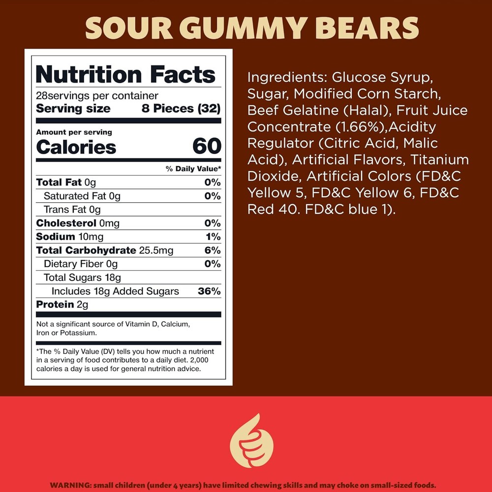 Sour Neon Gummy Bears Candy, Assorted Fruit Flavors, 2-Pound Bag