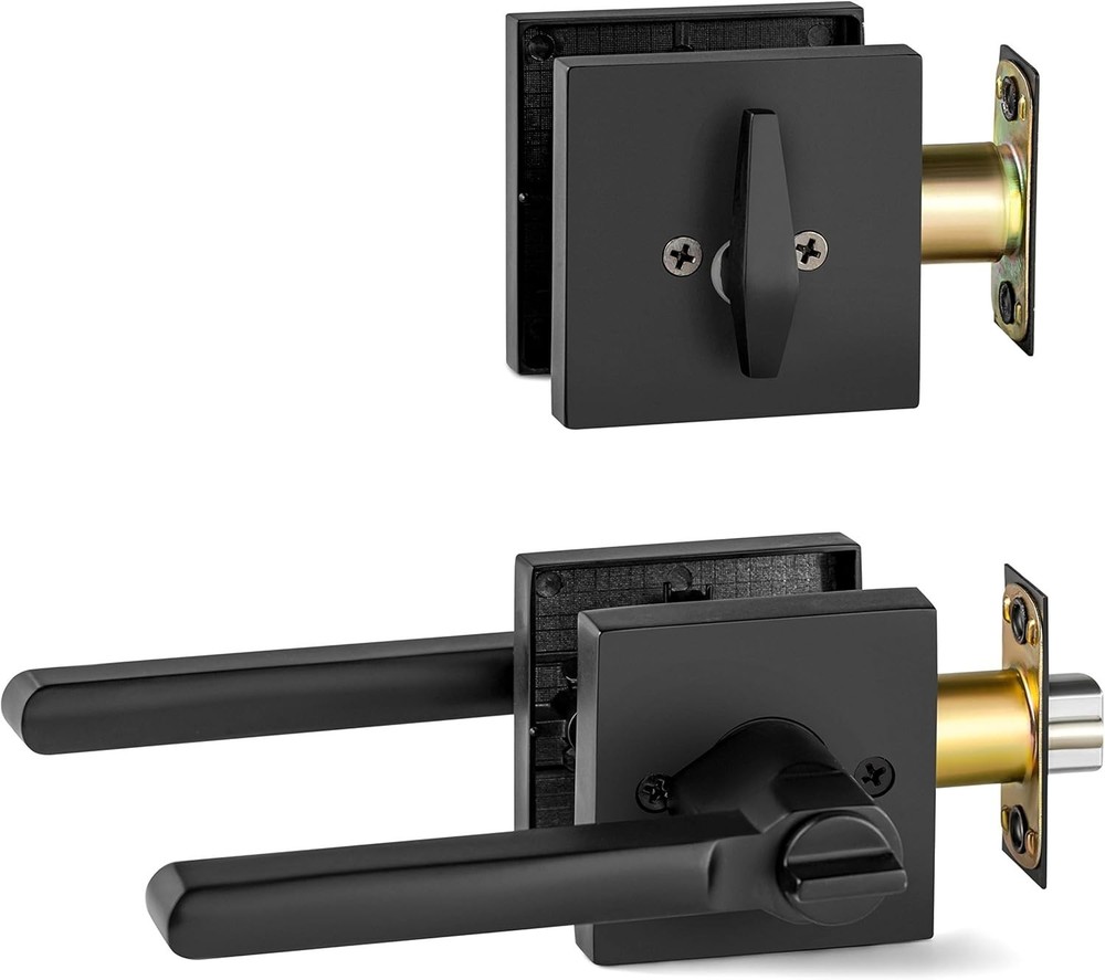 Berlin Modisch Entry Door Handle & Deadbolt Lock Set Slim Square Iron Black