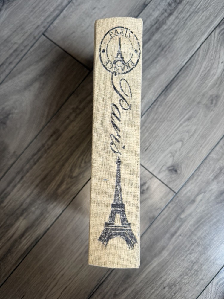 Vintage Eiffel Tower Script Book Box Hidden Storage Beige Brown Medium