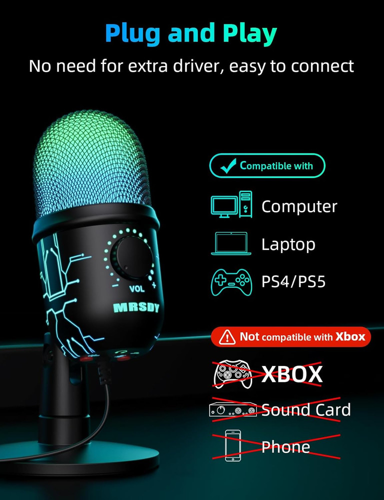 Gaming Microphone, USB Computer Microphone for PC, Mac, PS4/5, Condenser