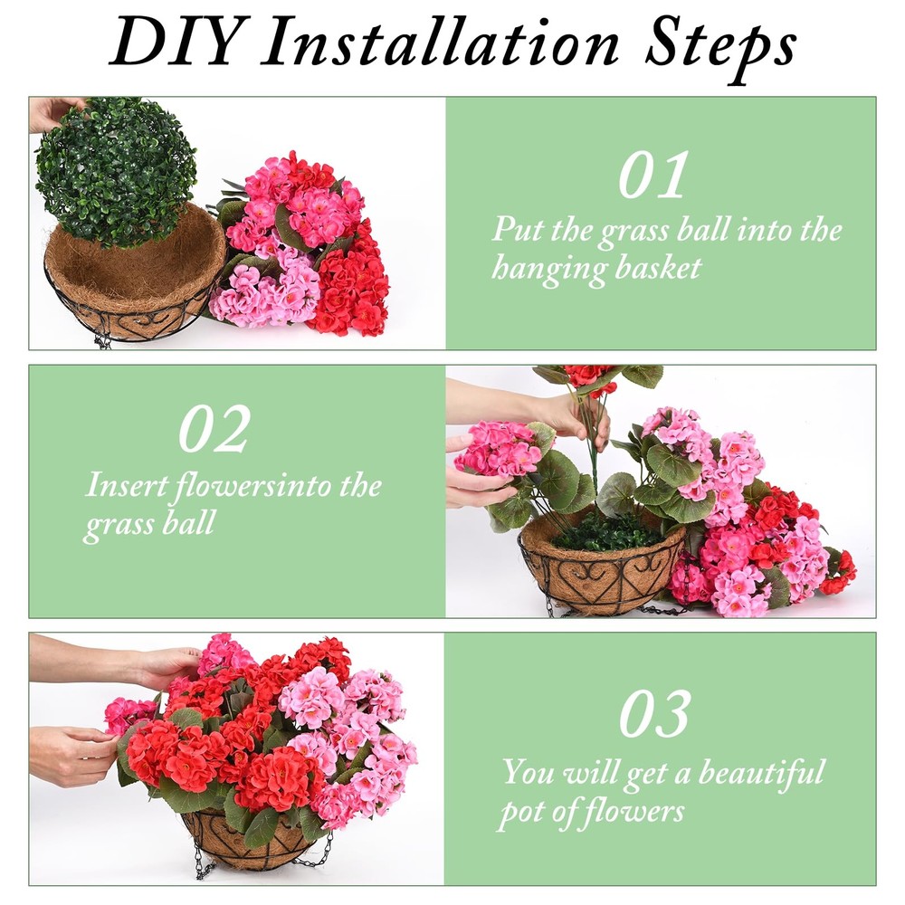 2 Set Artificial Geraniums for Outdoors with Hanging Baskets, 12 Bundles UV R...