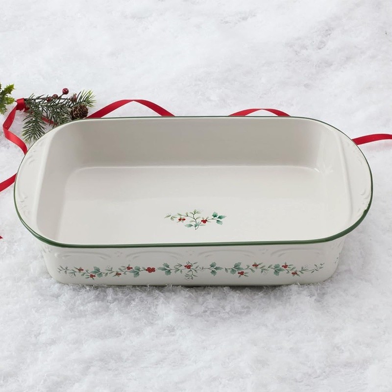 Festive Rectangular Stoneware Baker W/ Handles Baking Lasagna Cheese Brownies US