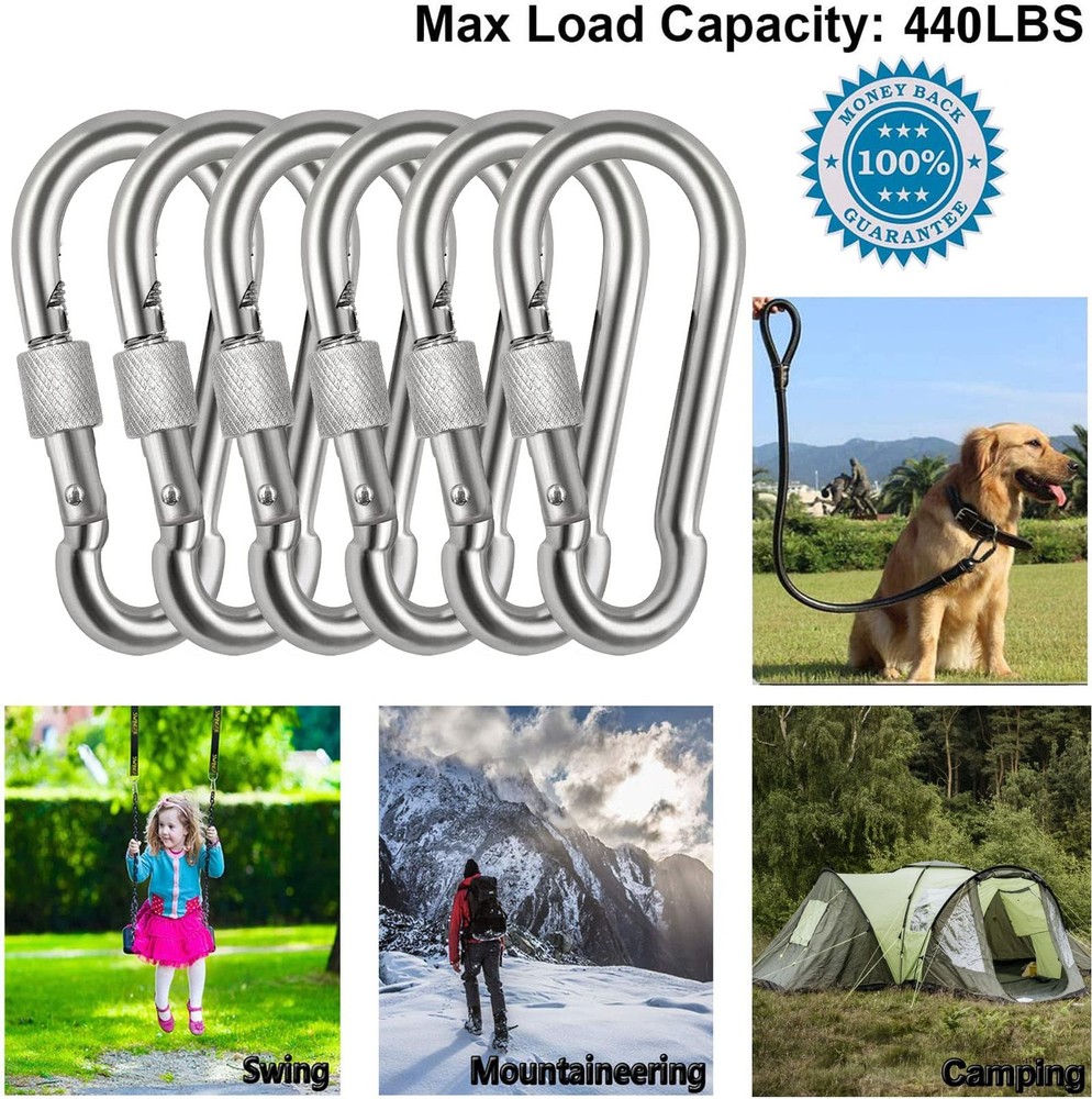 Locking Carabiner Clips 6 Pack 3.15" Stainless Steel Spring Snap Hook Locking...
