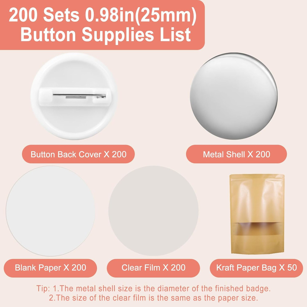 200 Sets 25Mm Button Maker Supplies for Button Maker Machine 25Mm, Includes Blan