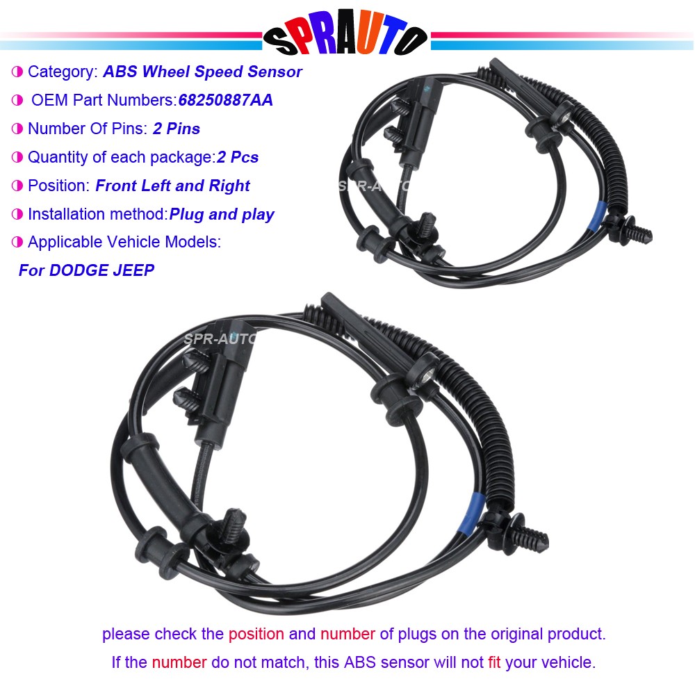 2Pcs ABS Wheel Speed Sensor Front Driver Passenger For Dodge Durango 16-25 Jeep