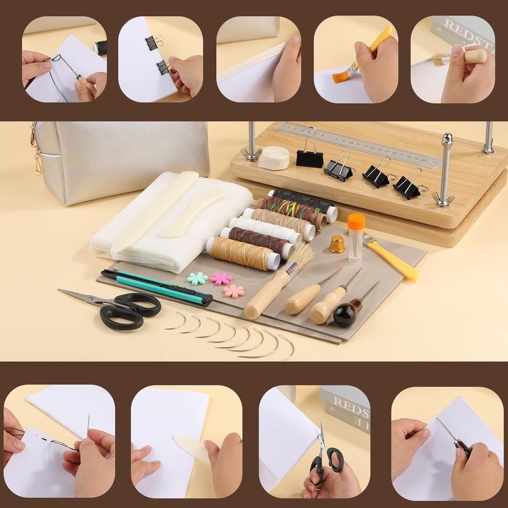 Classic Bookbinding Kit Featuring Press, Needles, and Various Binding Materials