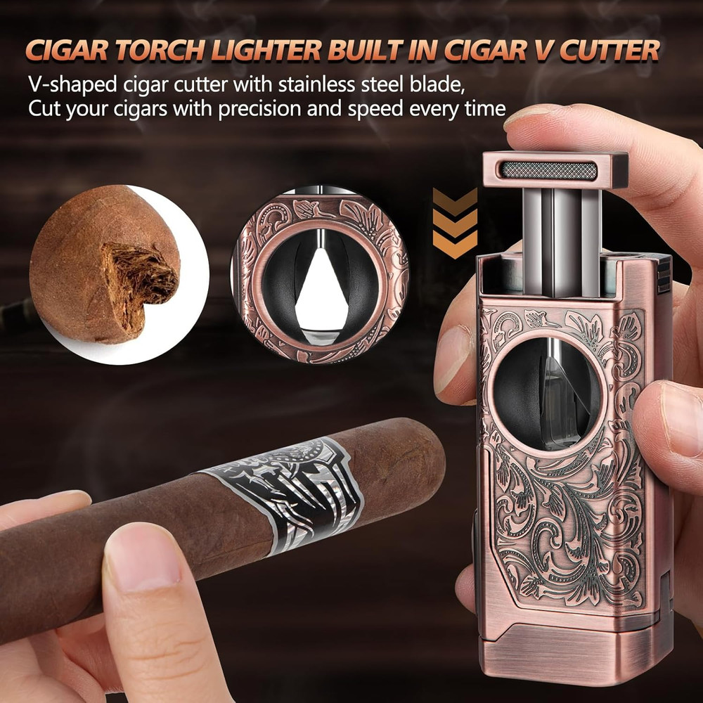 Torch Lighter, Cigar Lighter 4 Jet Flame, Refillable Butane Lighter with Cigar C