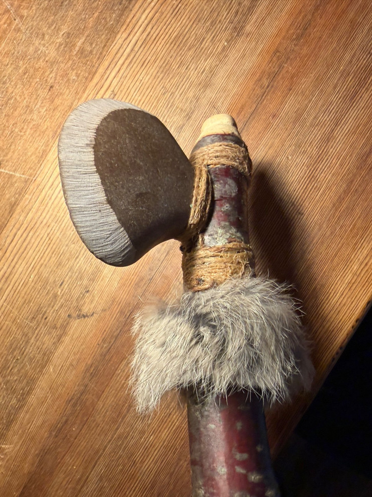 Stone Tomahawk, Handmade, Indian Style, Cherry Handle, Stone Head, Rabbit Fur