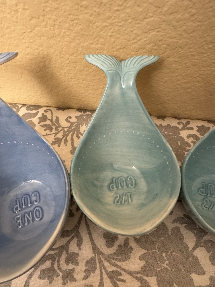 Ceramic Whale Shaped Measuring Cup Set Blue Aqua Nesting 4pcs 1-1/4 Cup