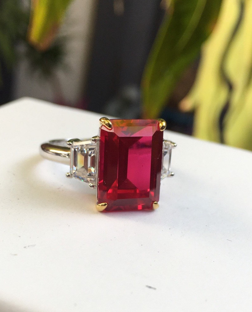6.00 Ct Emerald Cut Natural Ruby And Diamond Ring 14K White Gold Size 7