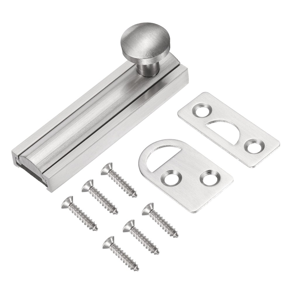 2" Solid Brass Surface Bolt, Brushed Slide Latch Door Lock, Silver