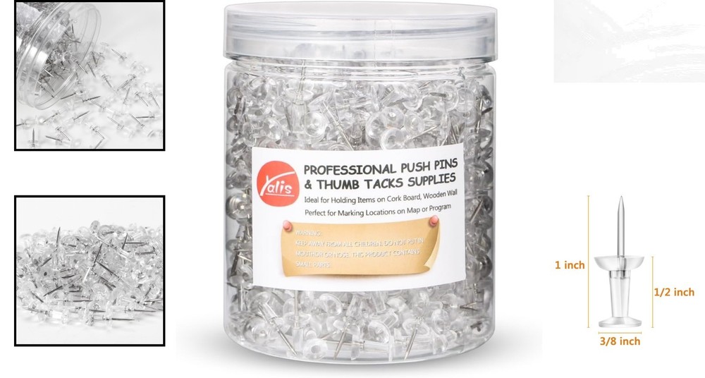 Push Pins 600 Count - Clear Thumb Tacks with Reusable Container for Storage