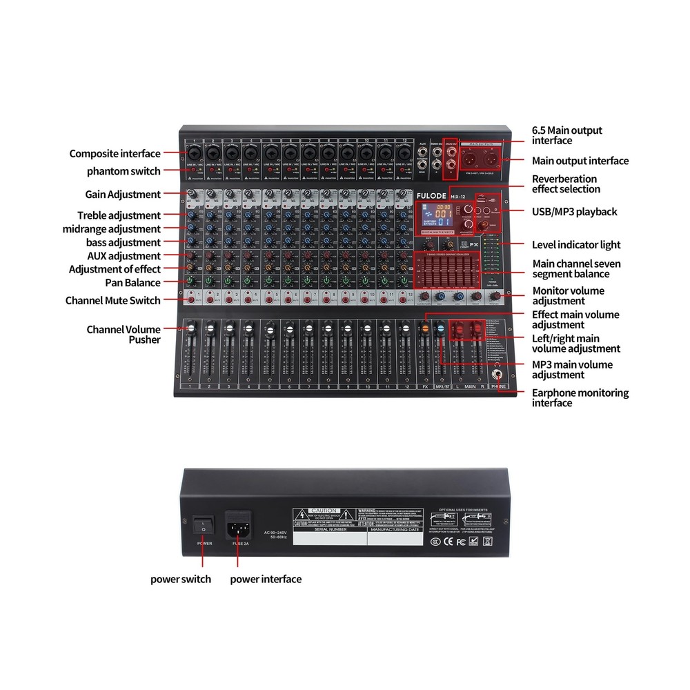 12-Channel Bluetooth Studio Audio Mixer 99 Bit DSP Digital Processor w/USB MP...