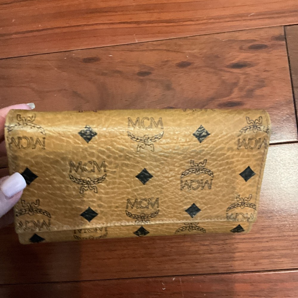 Authentic MCM Large Tri Fold Wallet in Visetos Original Cognac