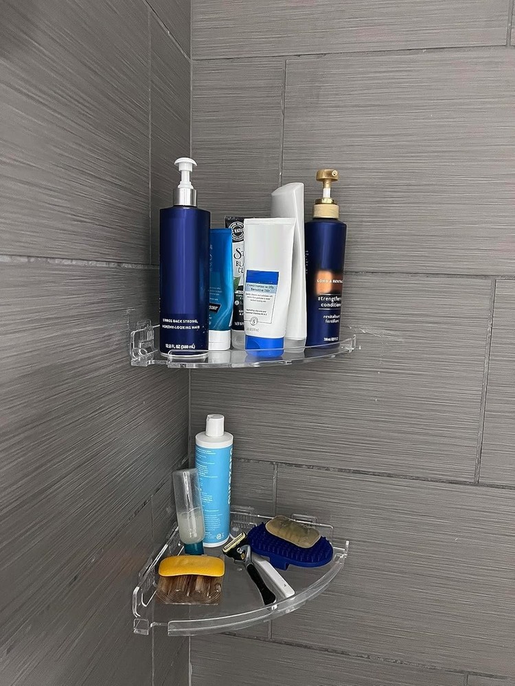 Acrylic Corner Shower Caddy Shelf with Hooks 2 Pack, Adhesive Wall Mounted Ba...