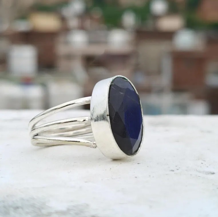 Solid 925 Sterling Silver Natural Blue Sapphire Oval Gemstone Band Handmade Ring