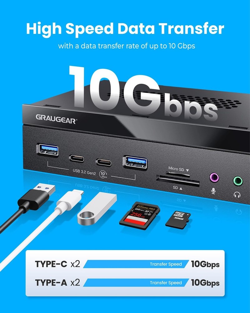 GRAUGEAR 5.25" PC Front Panel USB Hub - 10Gbps USB-C Ports, Dual USB 3.0, SD/...